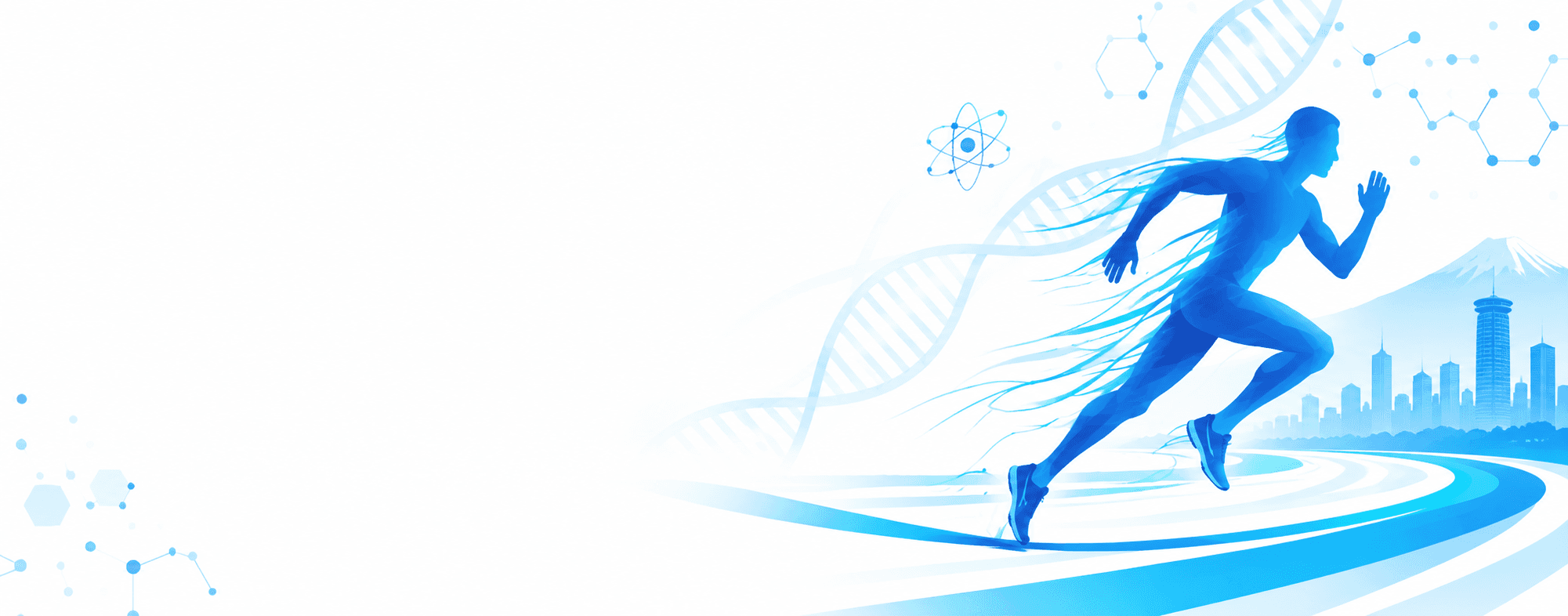 Blue biotech runner with DNA helix and city skyline